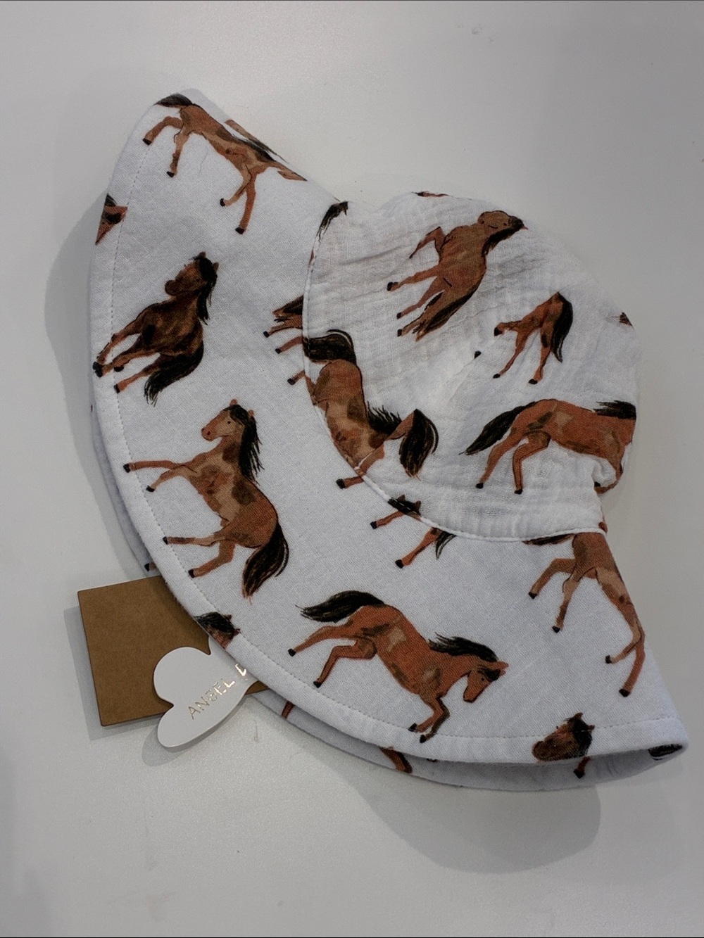 Angel Dear White Bucket Hat with Brown Horse Print